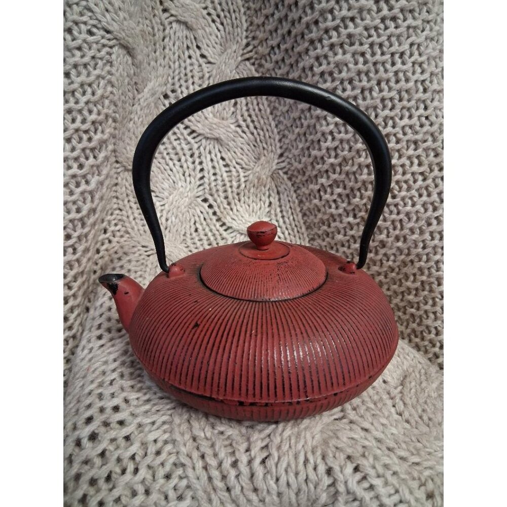 Vintage Japanese Red Cast Iron Teapot With Strainer Ribbed Design 6" Height 3" D